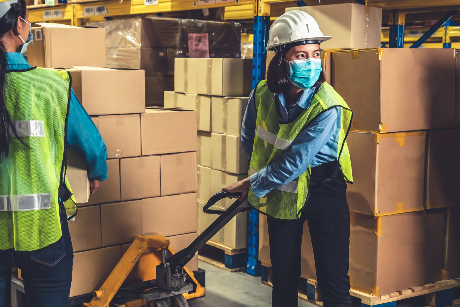 Factory Industry Worker Working With Face Mask To Prevent Covid 19